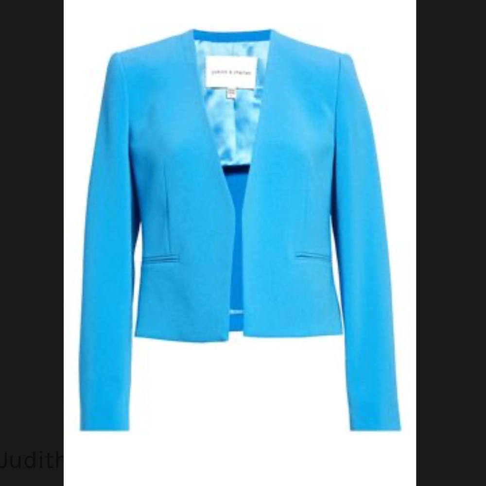 Judith & Charles Clea Collarless Open Front Blazer in Azure Blue